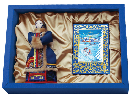 Набор "Зима в деревне": кукла декоративная, шоколадные конфеты "Конфаэль", синий/золотистый